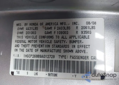 2009 Honda Accord 2.4 Ex-L из США, поврежденный, VIN 1HGCP26889A012729